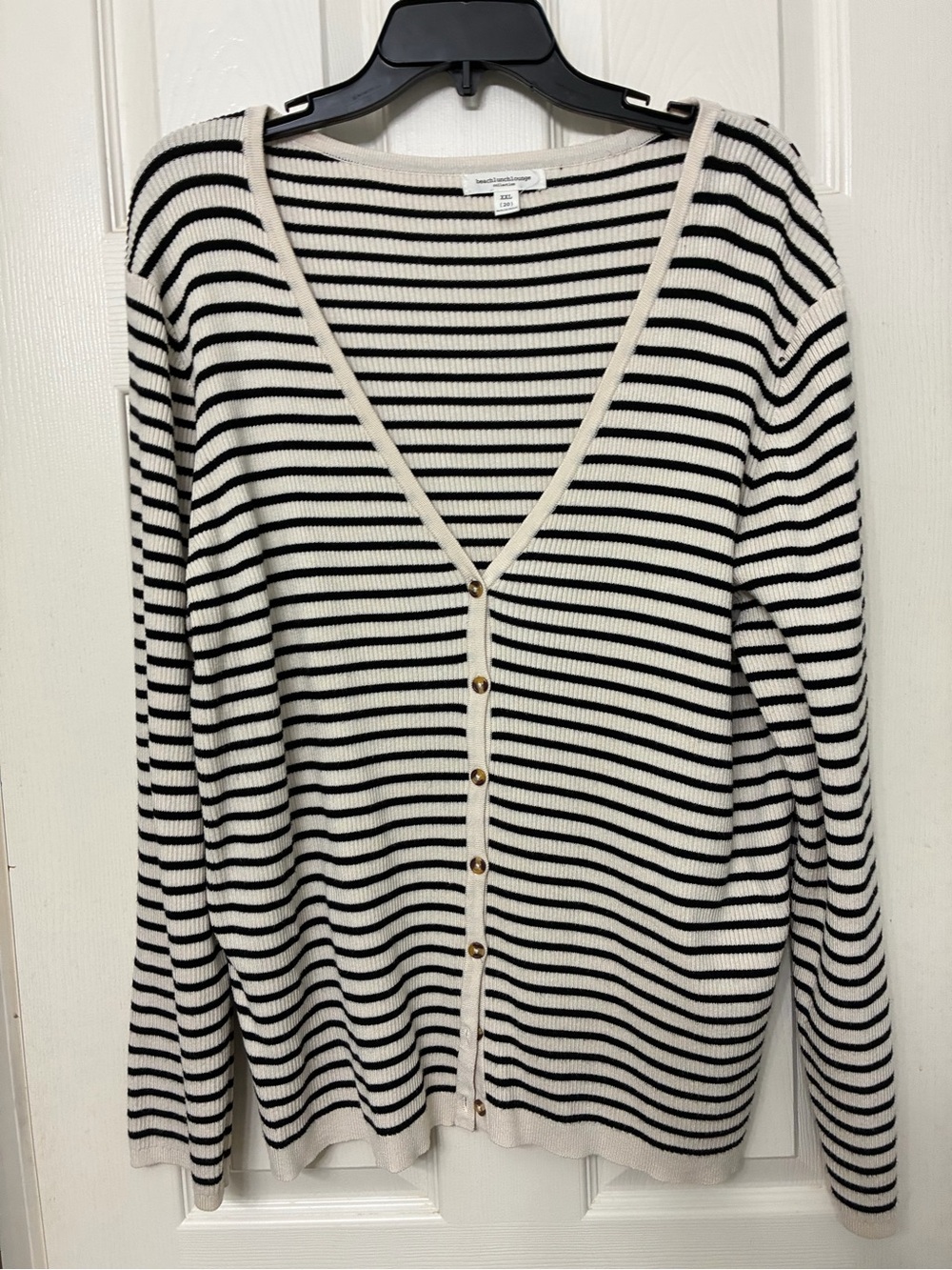 beachlunchlounge Black & Cream Striped V-Neck Button Cardigan